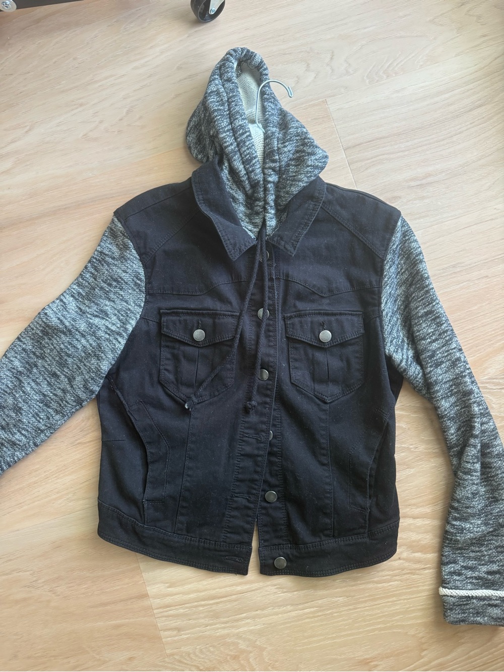 Tinsel Town Black Denim and Gray Sweatshirt Mid-Length Jacket Size L
